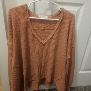 Rust Waffle Knit V-Neck Sweater